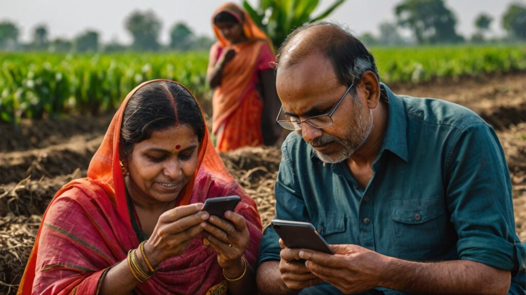 Farmers checking their PM-KISAN balance on mobile devices.