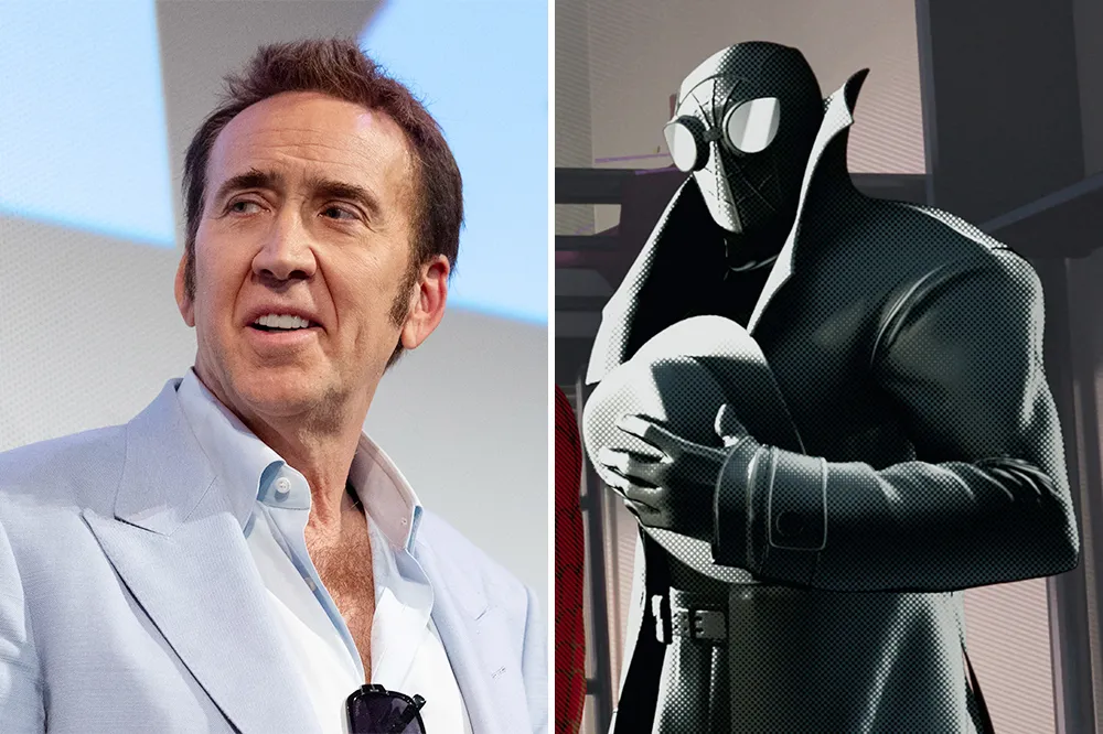 Nicolas Cage dons a comic-accurate Spider-Man Noir costume, bringing the dark hero back to life with vintage flair.