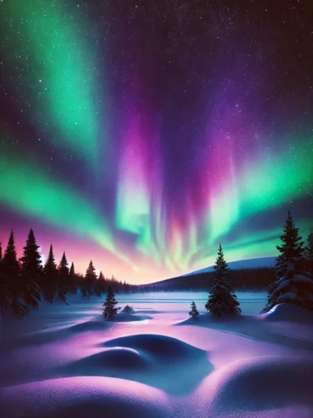 A stunning visual of the northern lights (aurora borealis) with vibrant green, purple, and pink hues illuminating the night sky over a snow-covered la
